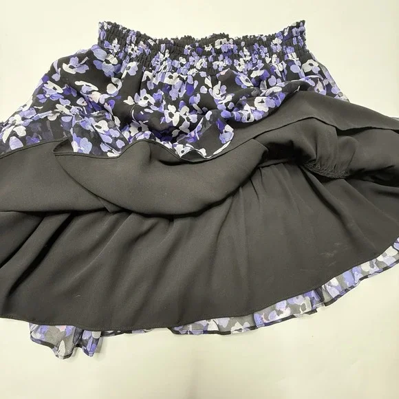 Kate Spade Purple Silk Mini Skirt Multi Floral Hydrangea Chiffon Tiered Black XS - Picture 8 of 13
